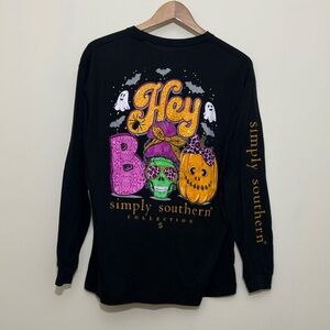 NWOT SIMPLY SOUTHERN HEY BOO HALLOWEEN BLACK LONG SLEEVE T-SHIRT Sz M